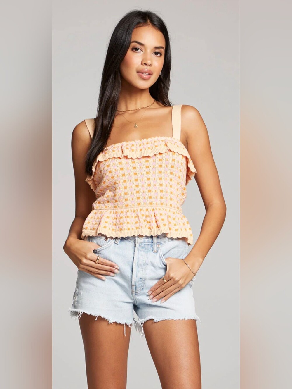 Zara Knit Ruffle Tank Top Cream Pink Orange